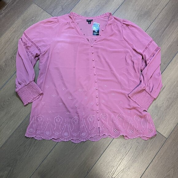 Torrid NWT Chiffon Smocked Collar Eyelet Embroidered Blouse Mauvewood Size 3X - Picture 4 of 11